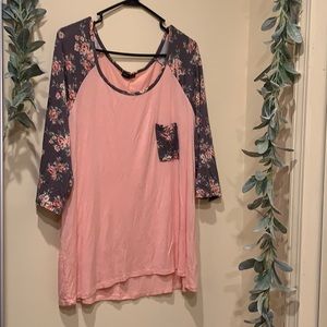 3/4 sleeve pink floral pocket baseball tee